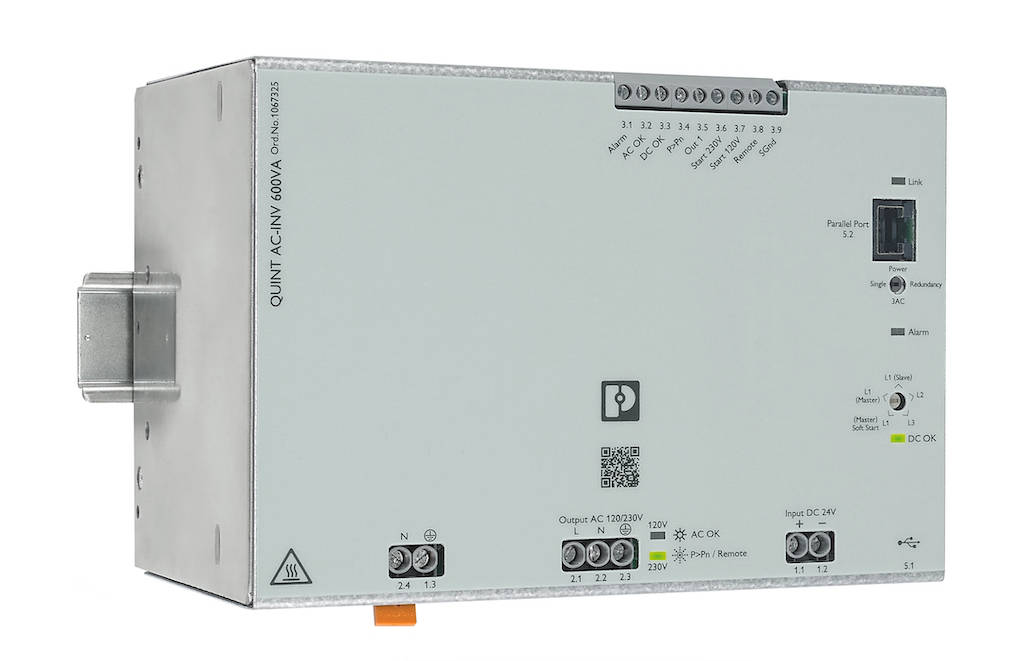 The Quint Power 600VA (480 W) dc-to-ac inverter from Phoenix Contact produces a pure sine-wave feed from a 24 Vdc source in an industrial, DIN rail-mount package. Courtesy: Phoenix Contact USA