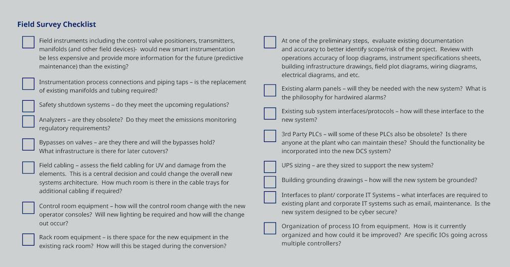 Figure 2: This field survey checklist allows an end-user to develop the bidding requirements for prospective system suppliers. New capabilities are available to consider when upgrading. Courtesy: Yokogawa