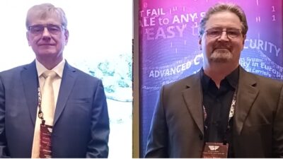 Glenn Wadden (left), president, Trihedral, a Delta Group company, and Barry Baker, vice president, Trihedral, and president of U.S. Trihedral, prepare to discuss latest trends in supervisory control and data acquisition (SCADA) software in a Control Engineering video interview during the 2024 ScadaFest. Tridhedral’s SCADA software is VTScada. Courtesy: Mark T. Hoske, Control Engineering