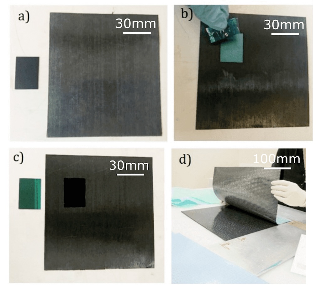 Nanostitching involves “growing” a forest of vertically aligned carbon nanotubes (CNT) on a wafer of silicon, through a process of chemical vapor deposition. The CNT-deposited wafer (to the left in grid “a”) is then inverted and pressed onto a larger composite ply (b), and lifted away, leaving the CNTs on the composite’s surface (c). A second ply is placed over the first, with the CNTs between, “stitching” the plies together. Courtesy: Massachusetts Institute of Technology