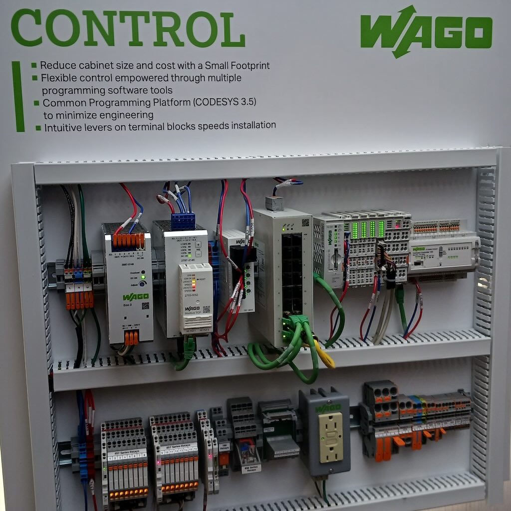 Figure 6: Wago control options can reduce cabinet size, offer multiple programming tools using the CODESYS platform and lever-based connections on terminal blocks, as shown at Automate 2024 event by A3, the Association for Advancing Automation, in Chicago. 