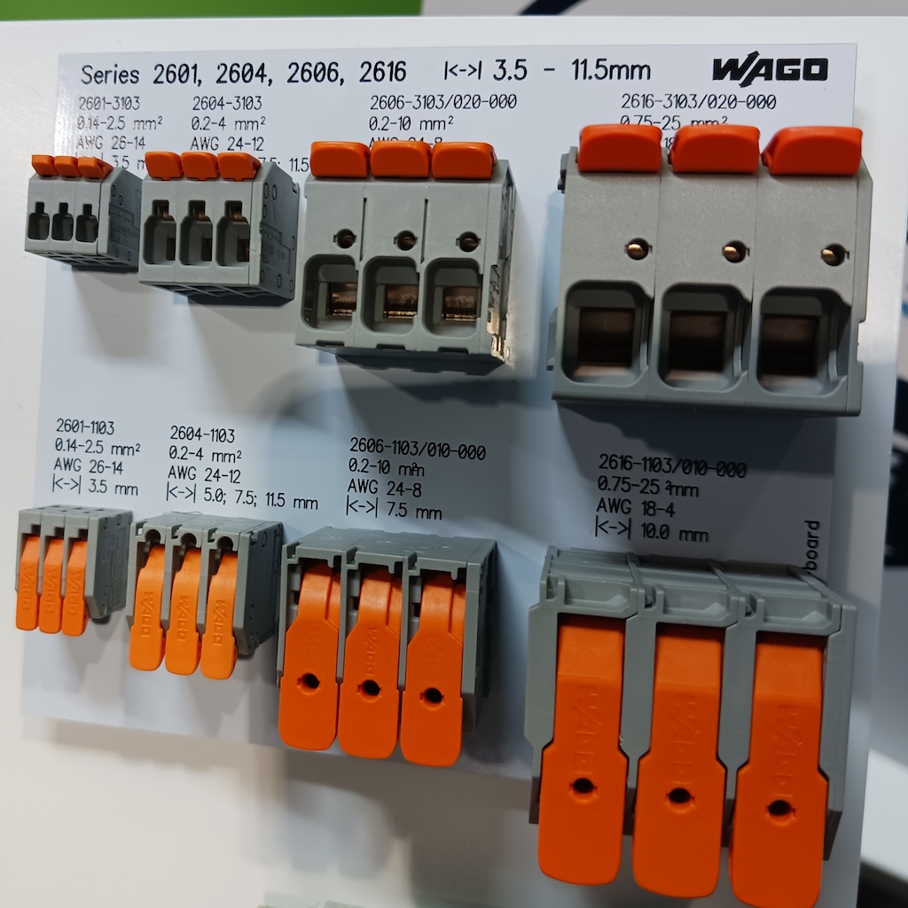 Figure 8: Industrial wire connections are as easy as flipping a lever with the Wago tool-less wire termination system for 4 to 20-gauge wire, as shown at Automate 2024 event by A3, the Association for Advancing Automation, in Chicago. 