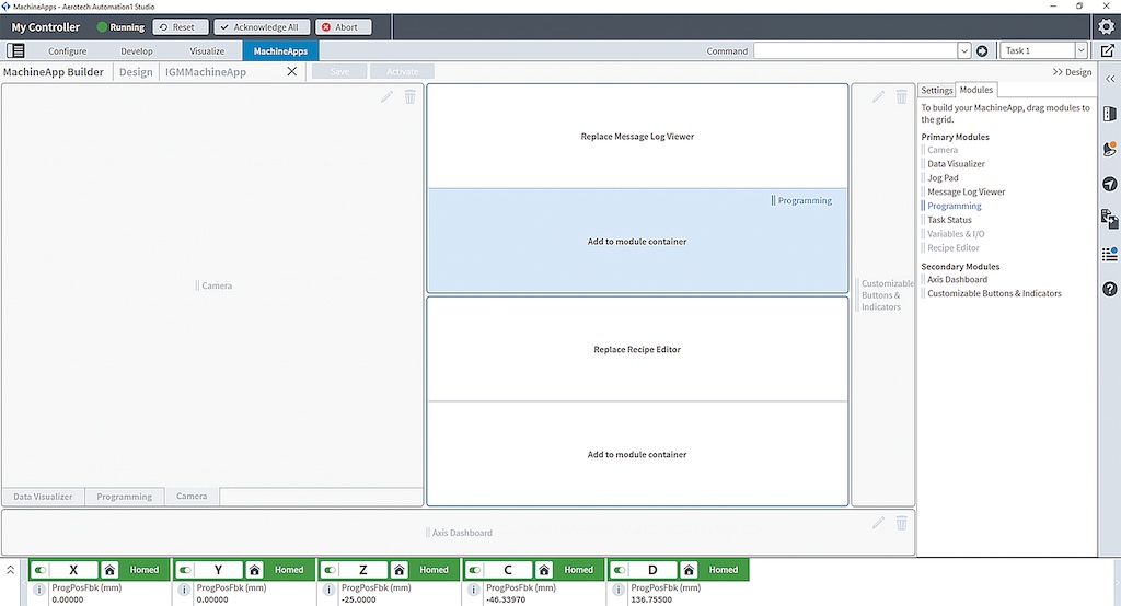 Figure 1: A custom drag-and-drop module approach in Aerotech’s Automation1 MachineApps. MachineApp HMI development environment is integrated with the Automation1 controller to issue real-time level commands. 