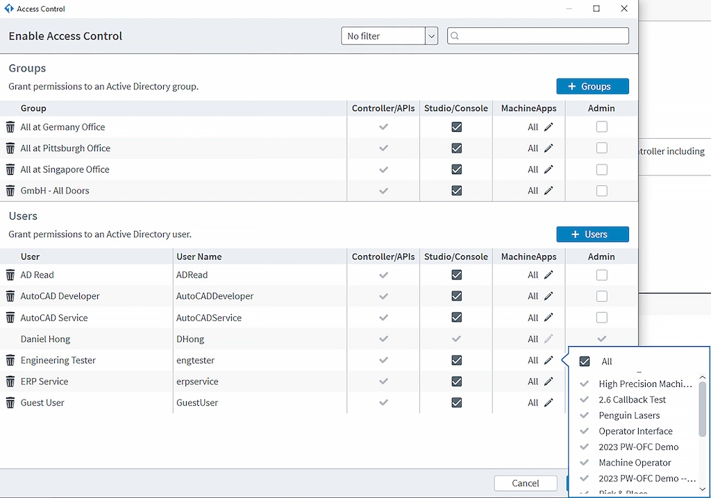 Figure 4: Access Control within Automation1. This interface is password protected and allows administrators to restrict which MachineApps HMI pages are visible to others. 