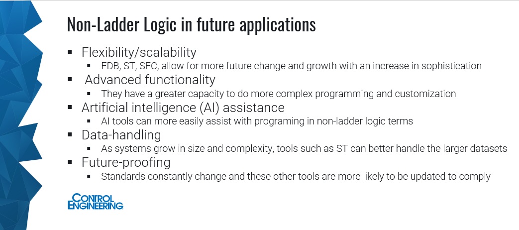 Figure 4: Programming languages such as FDB, ST and SFC, allow for more future change and growth with an increase in sophistication. As systems grow in size and complexity, tools such as ST can better handle the larger datasets, as explained in the Control Engineering Sept. 10 webcast, archived for a year: “PLCs: Programming tips and tricks appropriate for next-generation applications.” This is from webcast instructor Nathan Phillips is process control engineering, APCO Inc. – Advanced Process Control and Optimization.