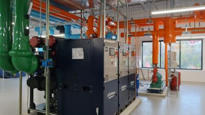 The ABB New Berlin, Wisconsin, facility geothermal heat-pump installation has 225 tons of capacity using 78 vertical wells, 500-feet deep, said Tim Skell, ABB global HVACR application engineering manager (HVACR stands for heating, ventilation, air conditioning, refrigeration). Courtesy: Mark T. Hoske, Control Engineering, WTWH Media