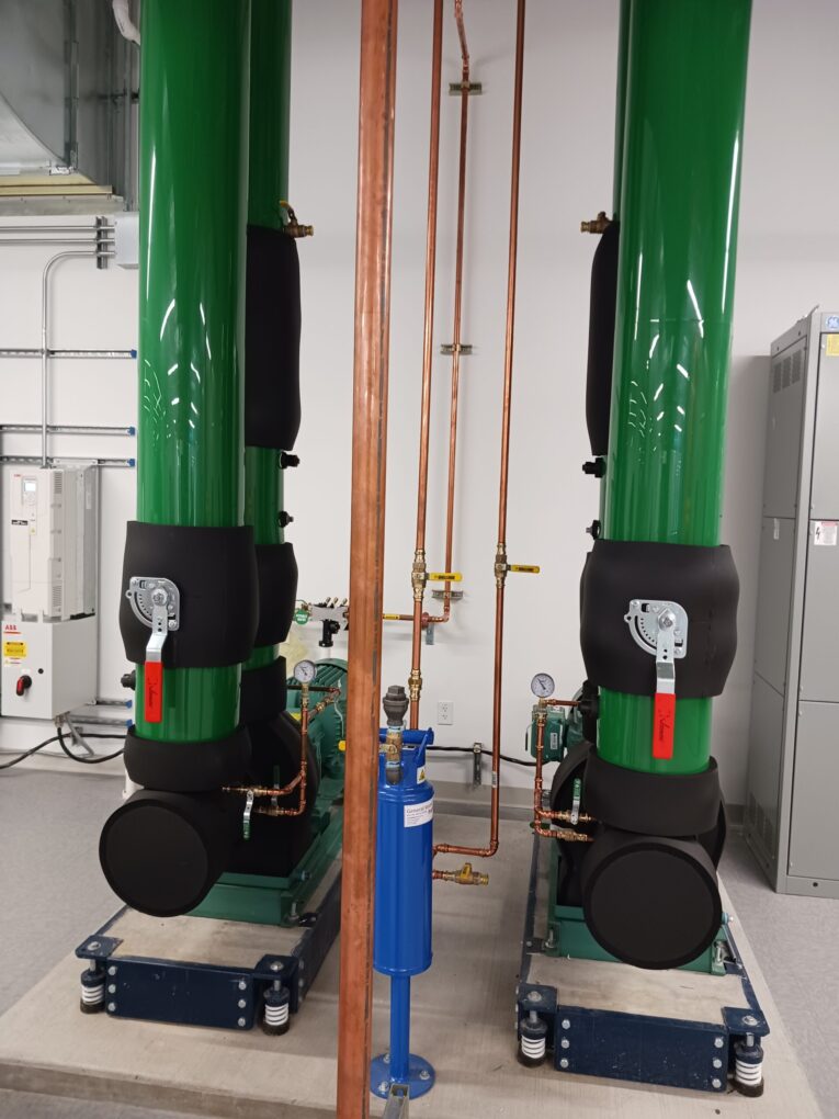 In the ABB New Berlin, Wisconsin, mechanical room, condenser water pumps to the geothermal system move up to 465 GPM at 30 HP, said Tim Skell, ABB global HVACR application engineering manager (HVACR stands for heating, ventilation, air conditioning, refrigeration). Courtesy: Mark T. Hoske, Control Engineering, WTWH Media