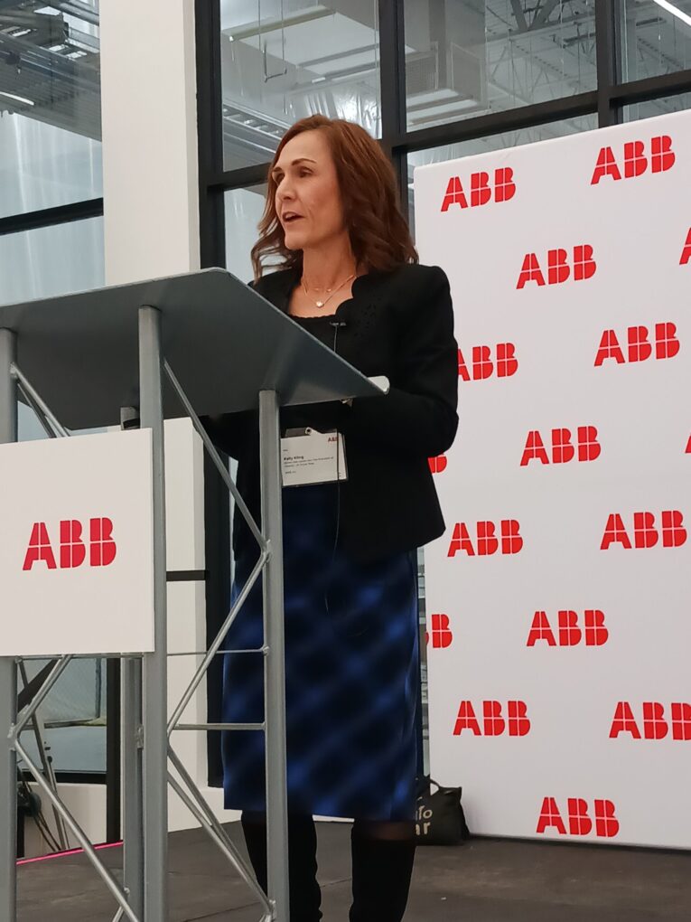 Kelly Kling, drives site leader and head of finance for U.S. ABB motion business, said, “It is important for business, government and educational institutions to work together to prepare the workforce for modern manufacturing,” then detailed how the new ABB New Berlin, Wisconsin, facility does that. Courtesy: Mark T. Hoske, Control Engineering, WTWH Media