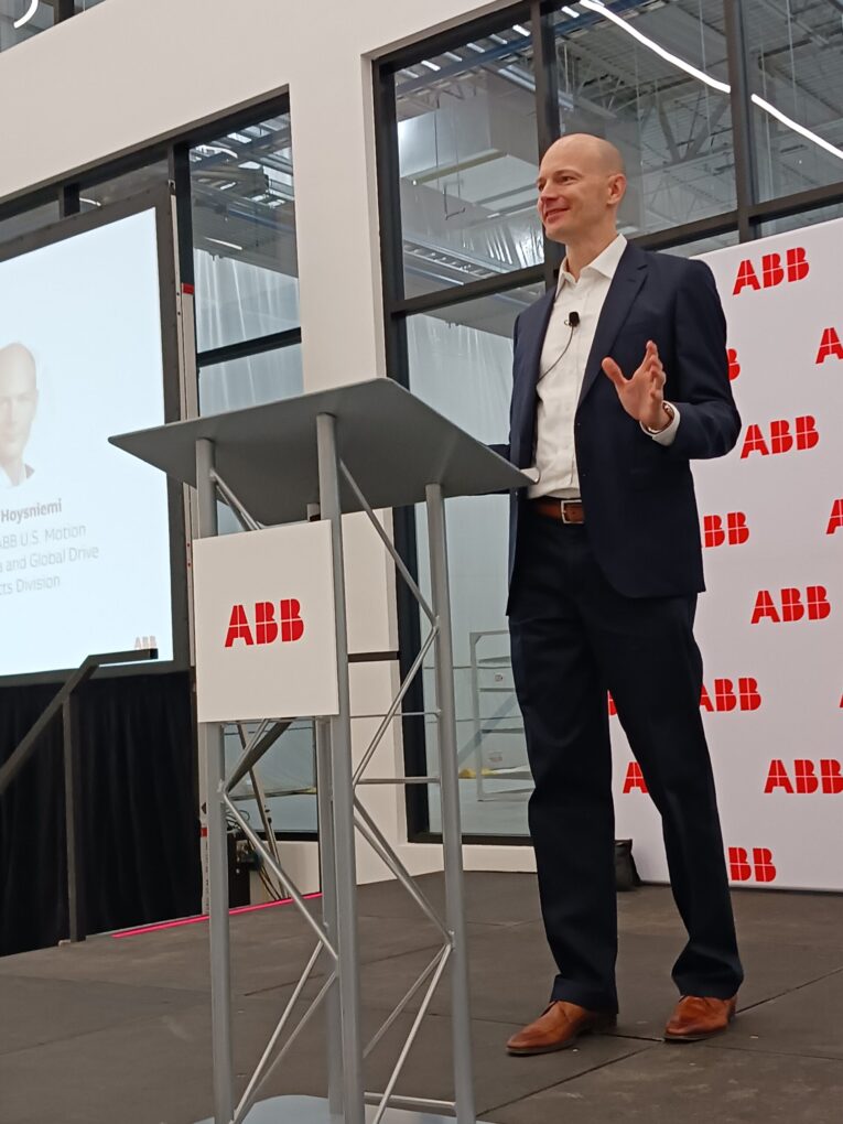 Tuomo Hoysniemi, president of ABB’s U.S. motion business area and global drive products division, said ABB technology is being used to run a cleaner factory and integrate with building design features at the New Berlin, Wisconsin, site, such as solar power, geothermal heat pump and modern HVAC systems and ABB advanced building controls, to help ABB meet its 2030 sustainability goals. Courtesy: Mark T. Hoske, Control Engineering, WTWH Media