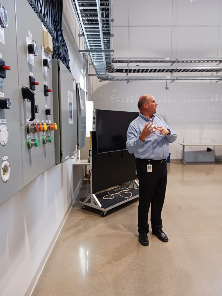 Electrical panel safety integrated into the ABB New Berlin, Wisconsin, training area has arc flash protection. LED indicators show what receptacle is hot and if a fuse inside the panel has blown, said Jeff Fell, ABB application engineering manager. Courtesy: Mark T. Hoske, Control Engineering, WTWH Media