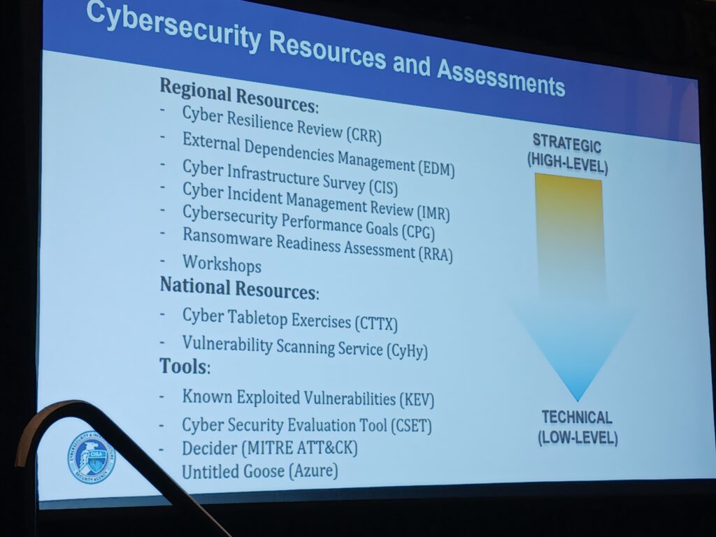 Figure 4: Cybersecurity resources and assessments were listed by Neal Arnold, cybersecurity advisor – law enforcement liaison, Region IV, Cybersecurity advisor program, Cybersecurity and Infrastructure Security Agency (CISA) at the 2025 ARC Leadership Forum by ARC Advisory Group Feb. 10. Courtesy: Mark T. Hoske, Control Engineering, WTWH Media