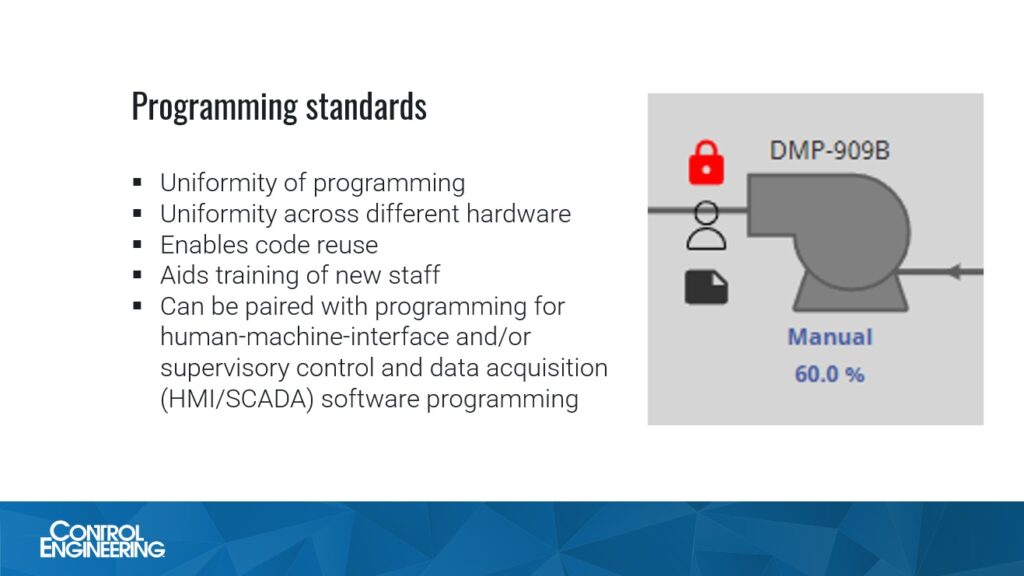 Figure 2: The graphic shown on the screen is an example of a matching object tied to a function block located in the PLC created for a customer, explained Braden Hadwiger, mechanical engineer, Huffman Engineering Inc. This allows both PLC and HMI/SCADA programming to be deployed much easier and faster and allows changes to be made to templates instead of individual instances. Courtesy: Control Engineering webcasts