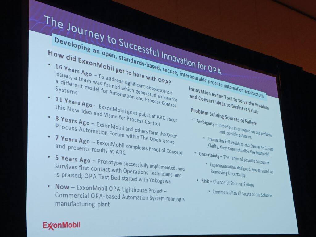 Figure 2: Open Process Automation, now in the commercial installation stage, began 16 years ago, said David DeBari, R&D team leader, ExxonMobil, at the 2025 ARC Industry Leadership Forum by ARC Advisory Group. Courtesy: Mark T. Hoske, Control Engineering