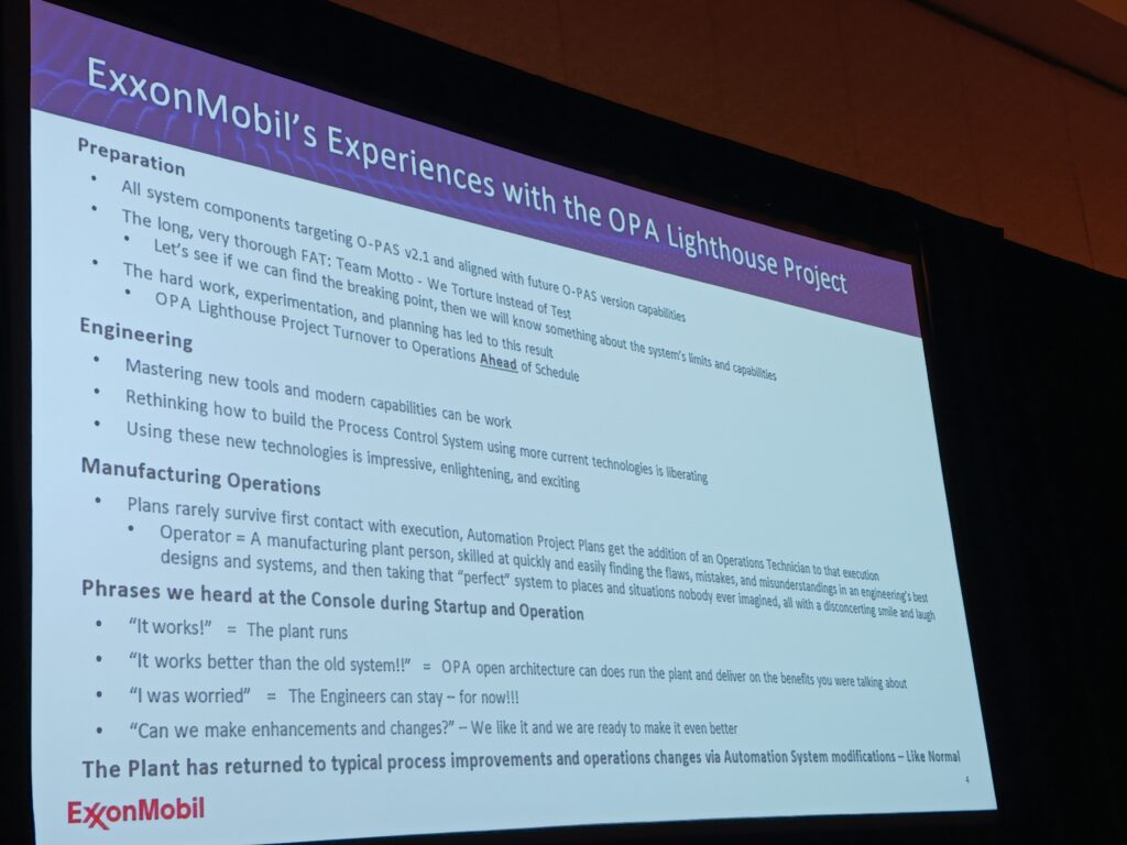 Figure 8: ExxonMobil Lighthouse Project phases using O-PAS v2.1 include preparation, engineering and manufacturing operations experiences, at the 2025 ARC Industry Leadership Forum by ARC Advisory Group. Courtesy: Mark T. Hoske, Control Engineering