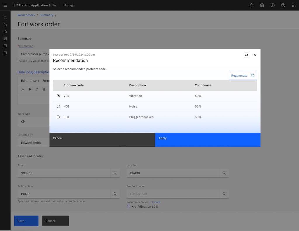 Figure 2: IBM Maximo Work Order Intelligence uses generative AI to recommend possible failure codes, with a description and confidence level for each option. Courtesy: IBM 