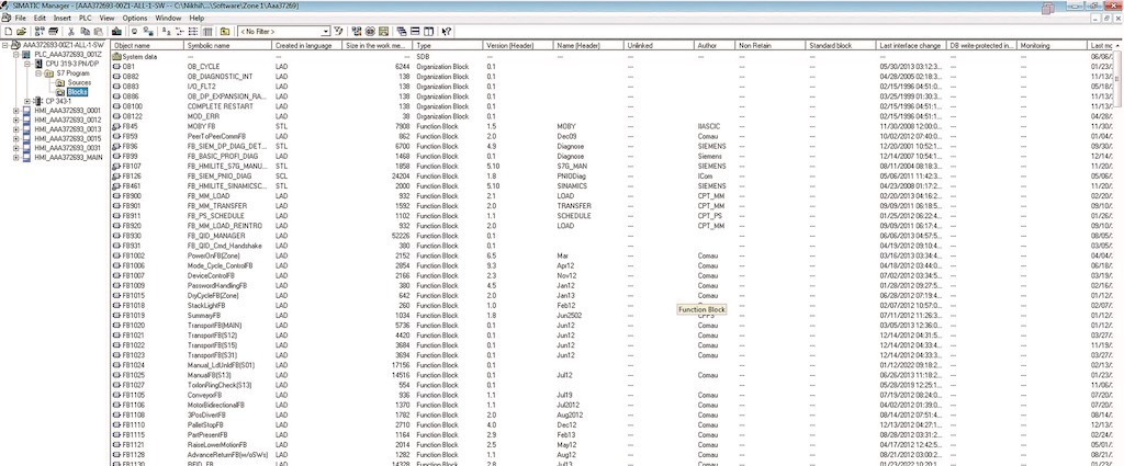 Siemens Simatic manager view shows the types of blocks involved in the project. Courtesy: Patti Engineering
