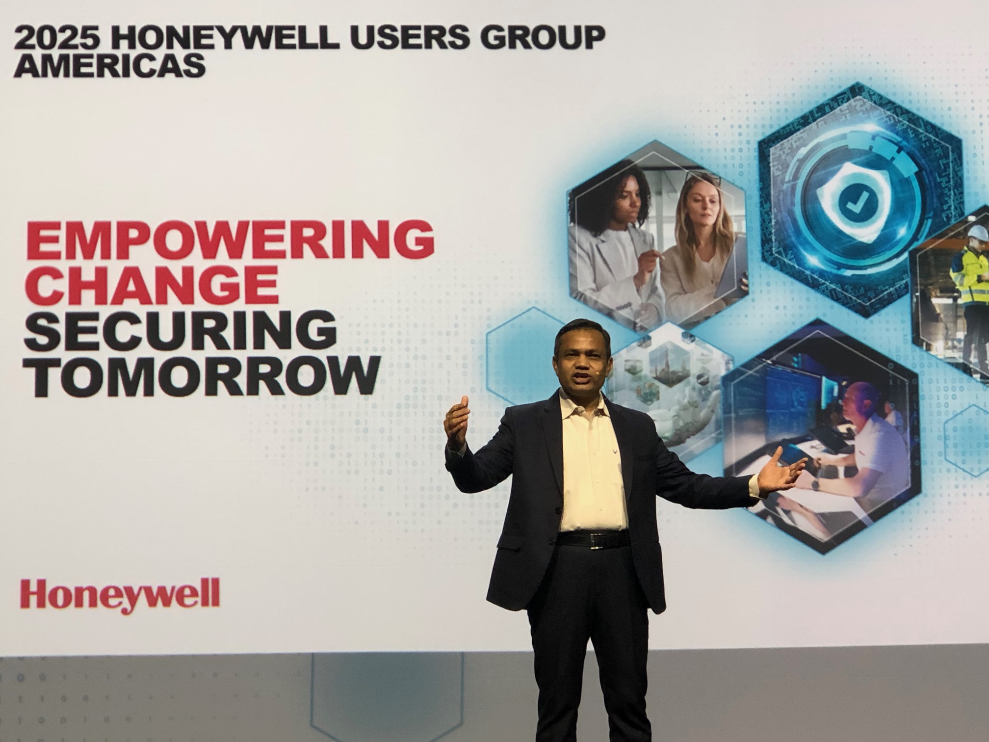 Honeywell Process Solutions president and CEO Pramesh Maheshwari speaking at the Honeywell Users Group 2025.