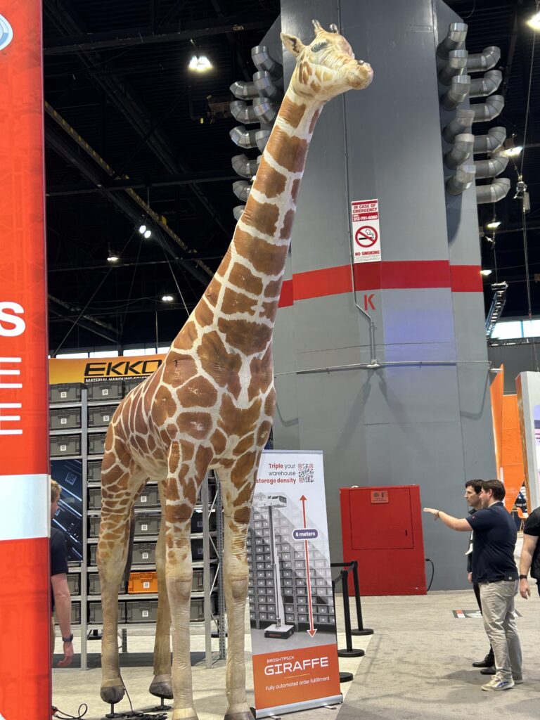 Brightpick's giraffe at ProMat 2025 to promote its Giraffe autonomous mobile robot. Courtesy: Sheri Kasprzak, WTWH Media
