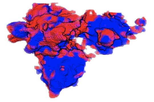 A study by Rice University materials scientists suggests that lithium batteries would benefit from more porous secondary (agglomerated) particles with better-aligned crystallites that don’t limit lithium distribution. The scientists studied 3D transmission X-ray images of cycled battery electrodes to analyze the phase change between lithium iron phosphate (blue) and iron phosphate (red) on the surface of particle agglomerates that make up the electrodes. Courtesy of the Mesoscale Materials Science Group