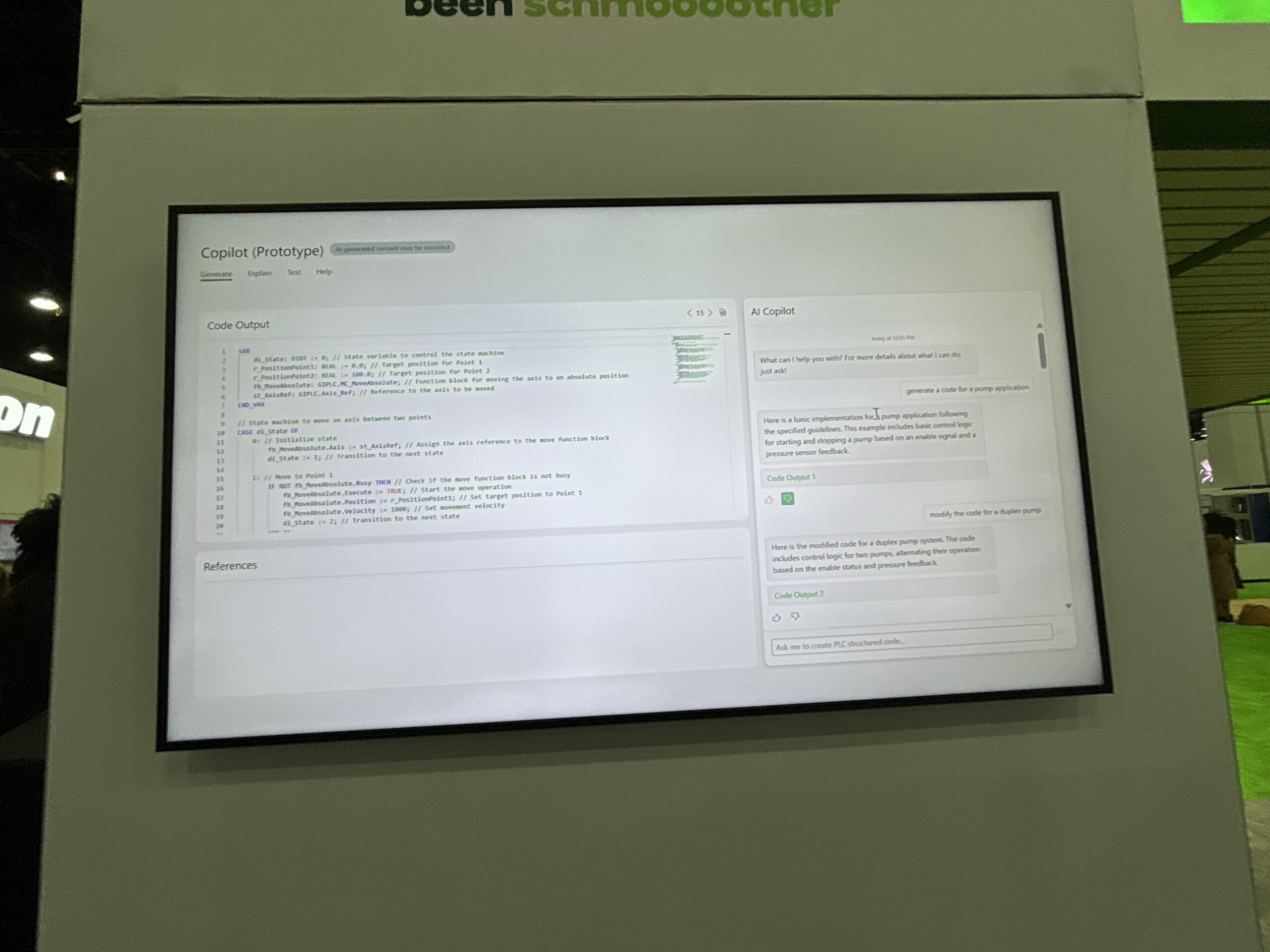 A demonstration in the Schneider Electric booth showcased copilot as a PLC code generator. Courtesy: Sarah Wynn, WTWH Media