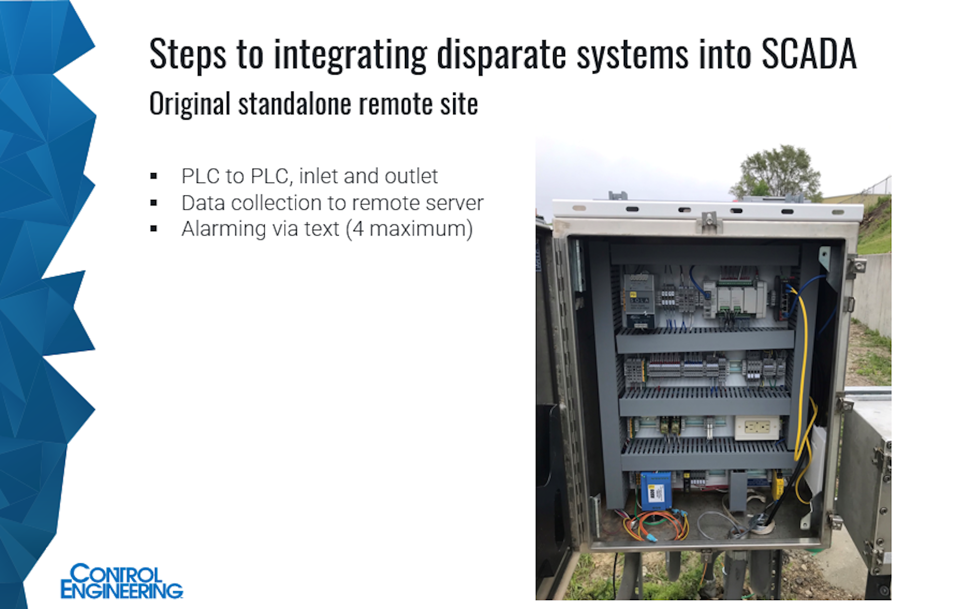 Figure 2: Island of automation in a water/wastewater application linked existing automation (6 sensors, 2 PLCs, 3 gates, and 1 transmitter) to a SCADA system, as Braden Hadwiger, mechanical engineer, Huffman Engineering Inc. Courtesy: Control Engineering webcasts, Huffman Engineering Inc.