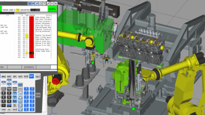 Figure 4: A screenshot of FANUC’s ROBOGUIDE including a dual robotic cell and virtual teach pendant communications. Courtesy: Patti Engineering