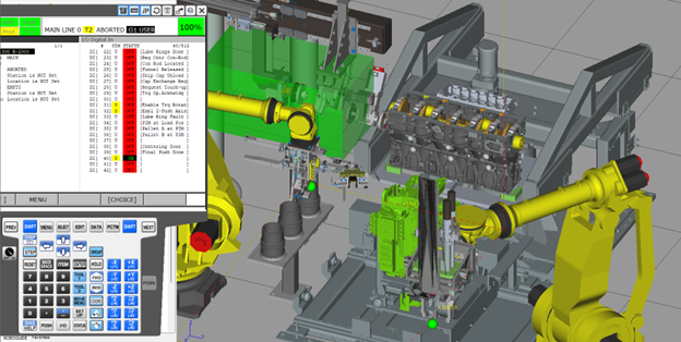 Figure 4: A screenshot of FANUC’s ROBOGUIDE including a dual robotic cell and virtual teach pendant communications. Courtesy: Patti Engineering