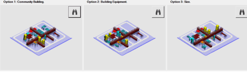 Figure 2: Example of Generative AI for Optioneering as implemented in Aspen OptiPlant 3D Layout™. AI/ML algorithms are used to automatically compute layouts of equipment that minimize piping and infrastructure costs, while respecting distance constraints as required by safety and maintainability regulations. Courtesy: Emerson and AspenTech