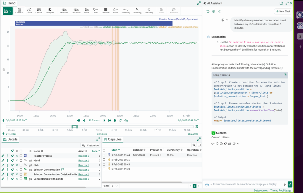Figure 2: SMEs can ask the Seeq AI Assistant to identify conditions and trends using natural language queries and quickly see results and explanations of the analytics performed. In this example, the user asks the assistant to identify every period a specific process signal veered outside of a golden — or baseline operational — profile.