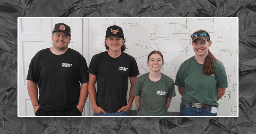 Recent graduates Austin Evans, Nathan Carmichael, Sydney Martindale, and Kayln Reeves join Hoosier Feeder full-time, demonstrating workforce development and the value of trade school in manufacturing careers.
